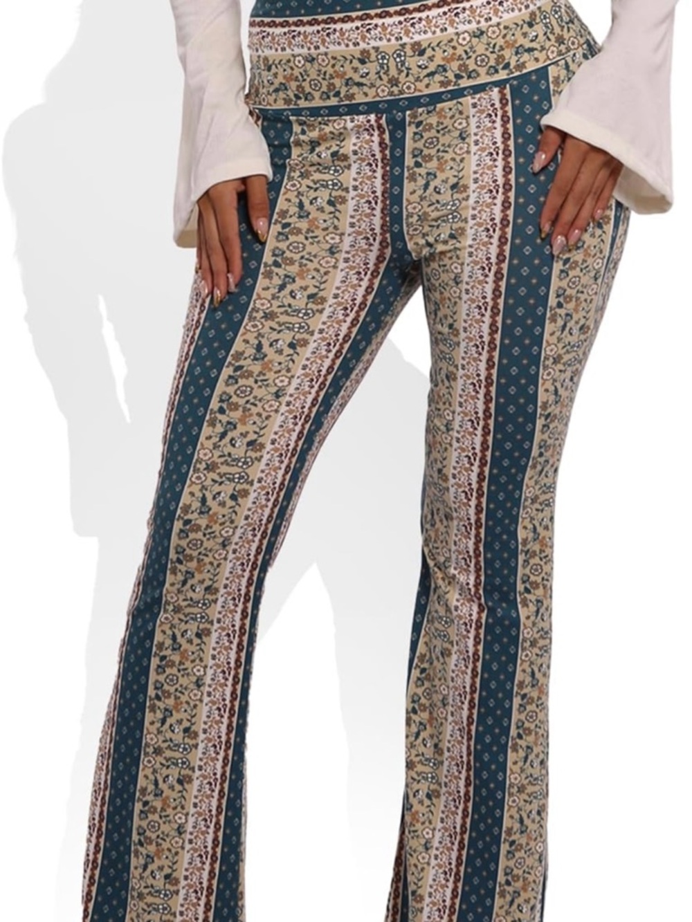 High-Rise Printed Flare Pants in Teal & Beige
